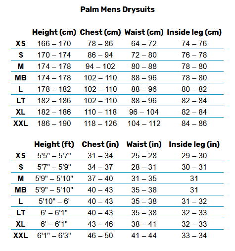 2025 Palm Mens Drysuits Mens Tableau des tailles
